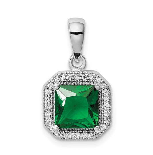 Sterling Silver Rhodium Plated Clear Cubic Zirconia and Square Green Cubic Zirconia Pendant, May