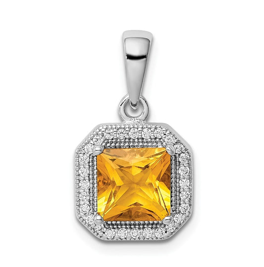 Sterling Silver Rhodium Plated Clear Cubic Zirconia and Square Yellow Cubic Zirconia Pendant