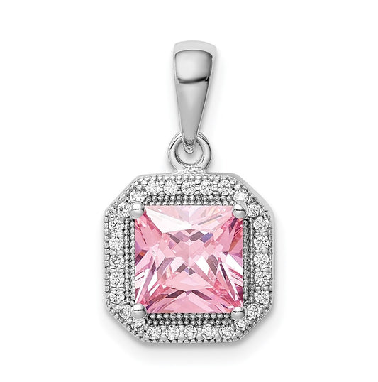 Sterling Silver Rhodium Plated Clear Cubic Zirconia and Square Pink Cubic Zirconia Pendant