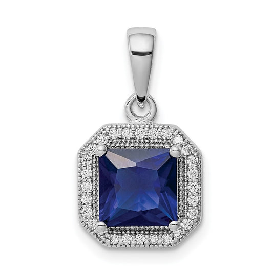 Sterling Silver Rhodium Plated Clear Cubic Zirconia and Square Blue Cubic Zirconia Pendant, September