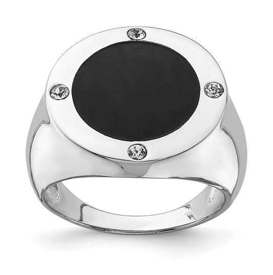 Sterling Silver Rhodium Plated Black Simulated Onyx & Cubic Zirconia Ring, Size 9