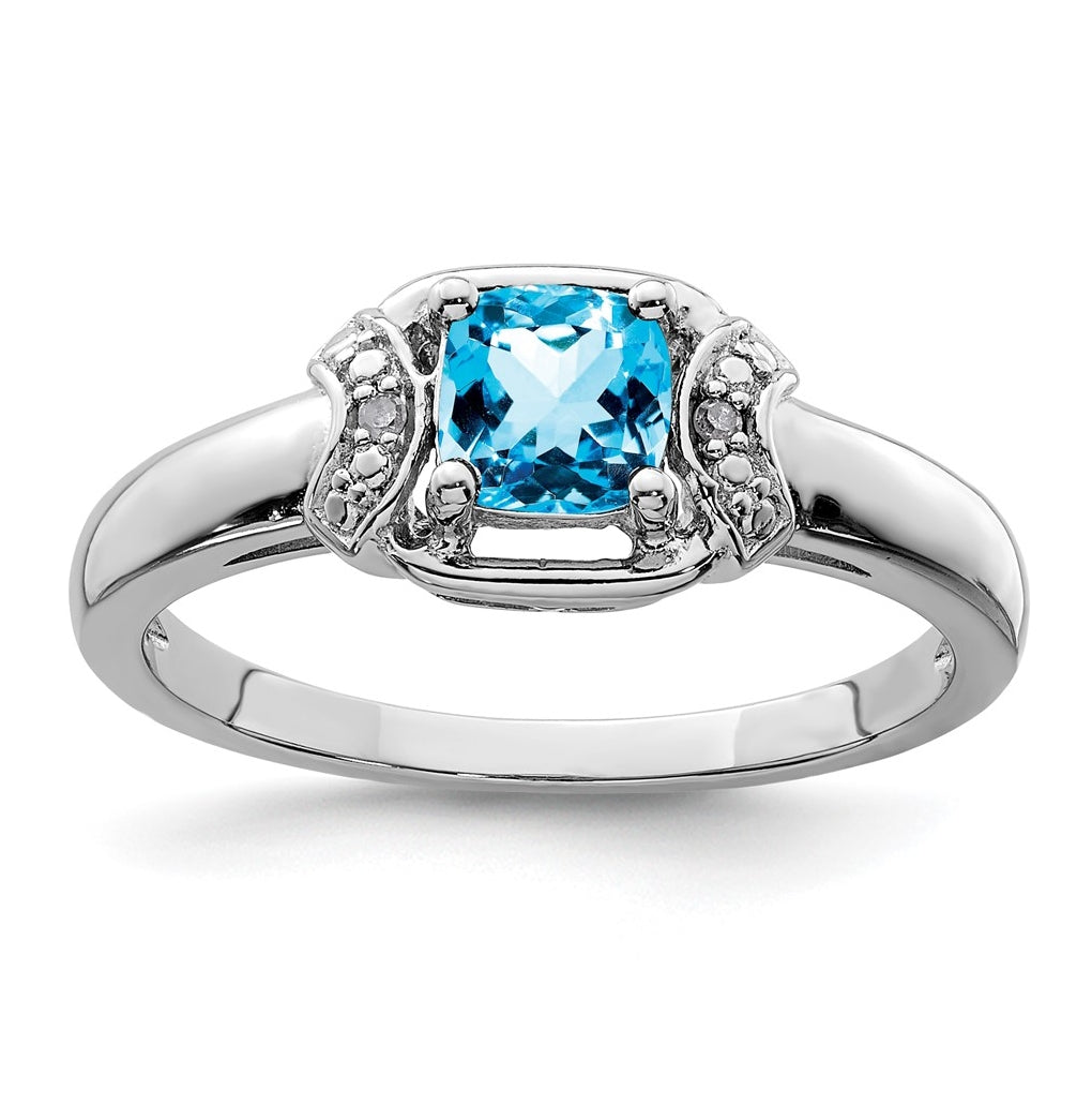 Sterling Silver Rhodium Diamond & Light Blue Topaz Ring – Elegant Jewelry Gift for Birthday, Anniversary, Engagement, Wedding