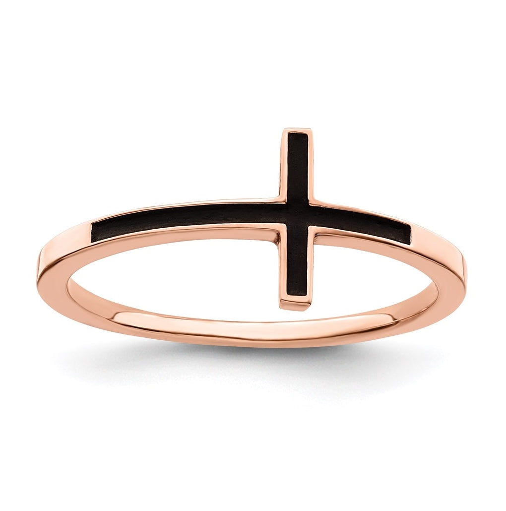 Sterling Silver Rose Gold plated Antiqued Sideways Cross Ring, Size 6