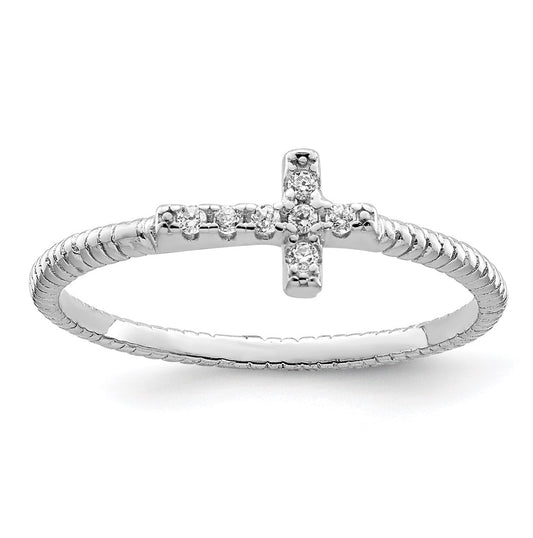 Sterling Silver Rhodium plated Polished & Textured Cubic Zirconia Cross Ring, Size 8