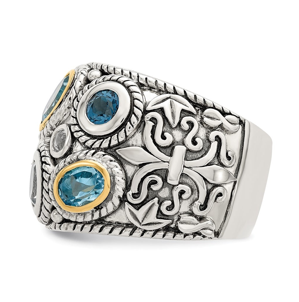 Sterling Silver RH-plated w/14K Yellow Gold and Blue Topaz Fancy Ring – Elegant Jewelry Gift for Birthday, Anniversary, Engagement, Wedding