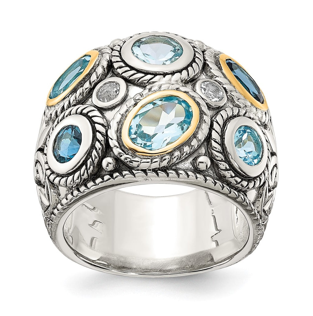 Sterling Silver RH-plated w/14K Yellow Gold and Blue Topaz Fancy Ring – Elegant Jewelry Gift for Birthday, Anniversary, Engagement, Wedding