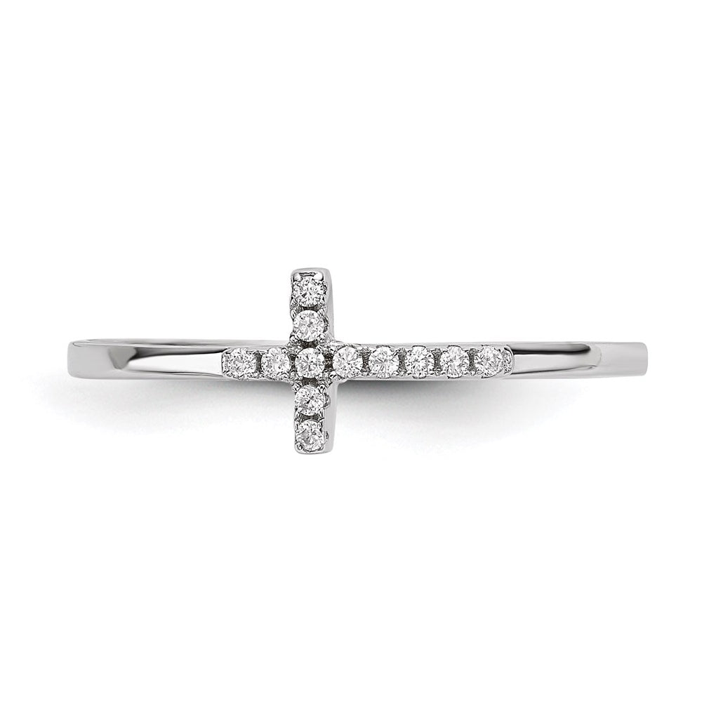 Sterling Silver Rhodium-plated Cubic Zirconia Side Cross Polished Ring – Elegant Jewelry Gift for Birthday, Anniversary, Engagement, Wedding