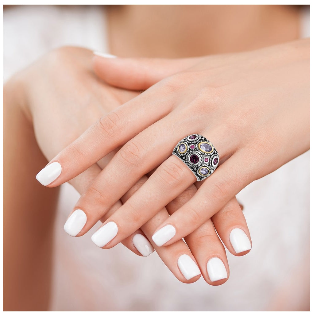 Sterling Silver Rhod w/14K Yellow Gold Pink Quartz Rhodolite Garnet & Pink Tourmaline Ring – Elegant Jewelry Gift for Birthday, Anniversary, Engagement, Wedding