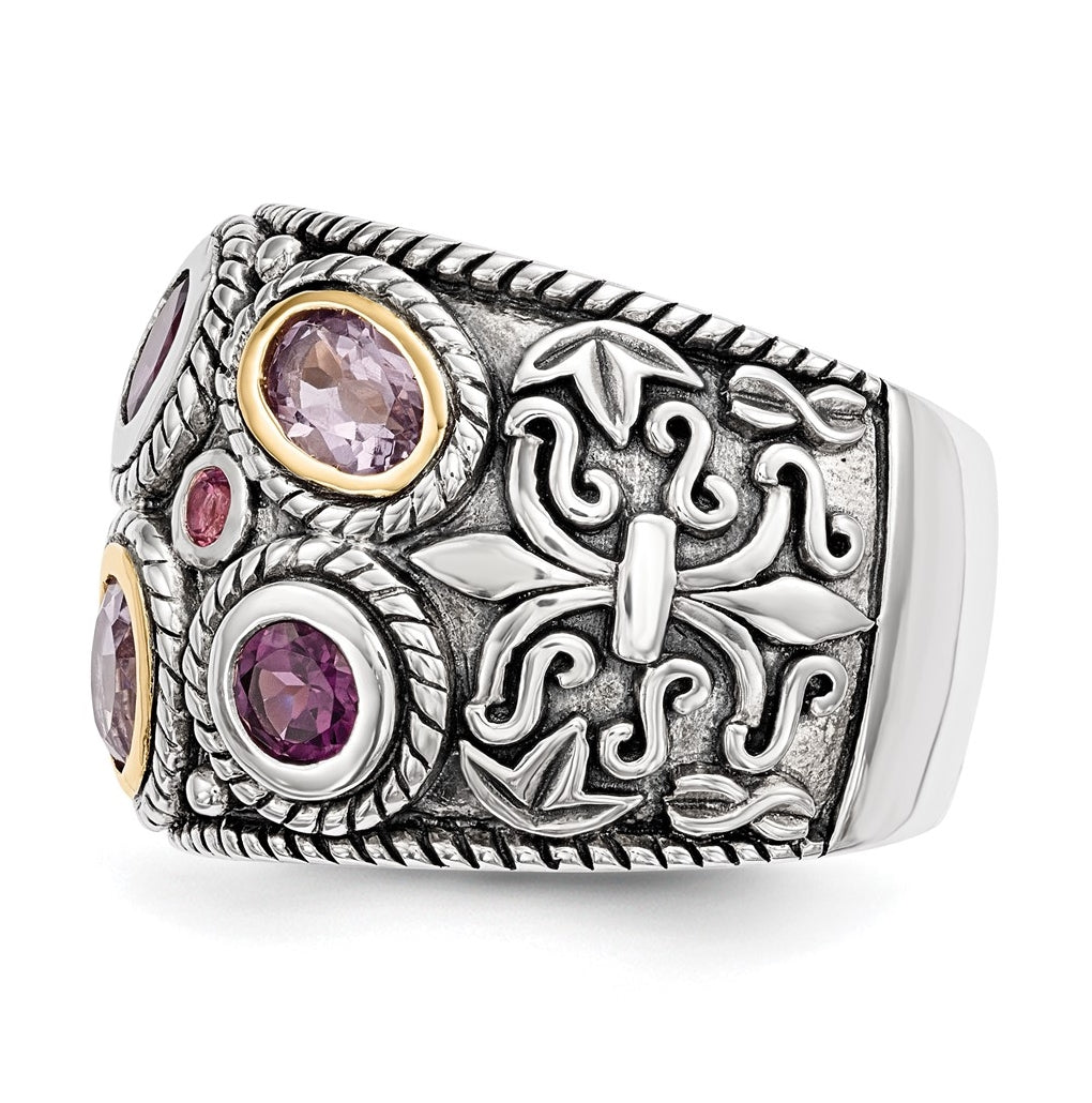 Sterling Silver Rhod w/14K Yellow Gold Pink Quartz Rhodolite Garnet & Pink Tourmaline Ring – Elegant Jewelry Gift for Birthday, Anniversary, Engagement, Wedding