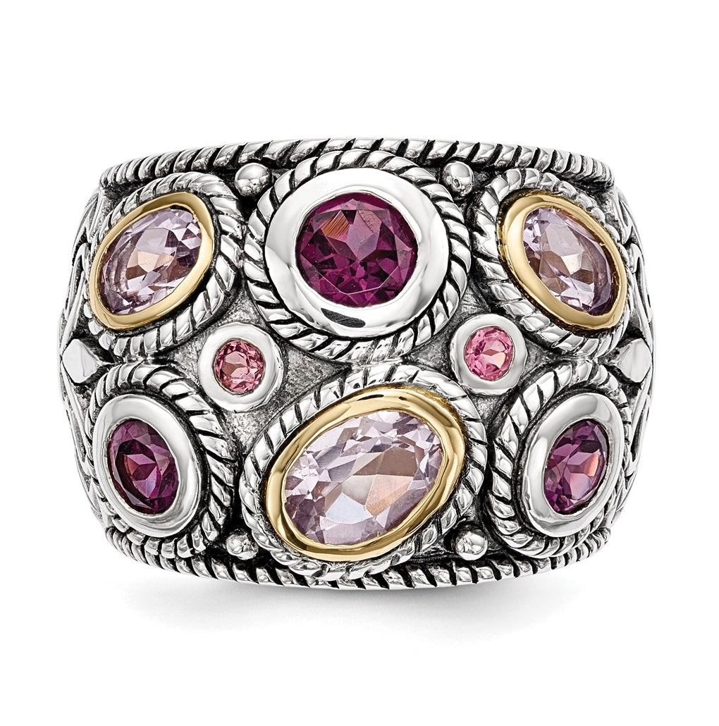 Sterling Silver Rhod w/14K Yellow Gold Pink Quartz Rhodolite Garnet & Pink Tourmaline Ring – Elegant Jewelry Gift for Birthday, Anniversary, Engagement, Wedding