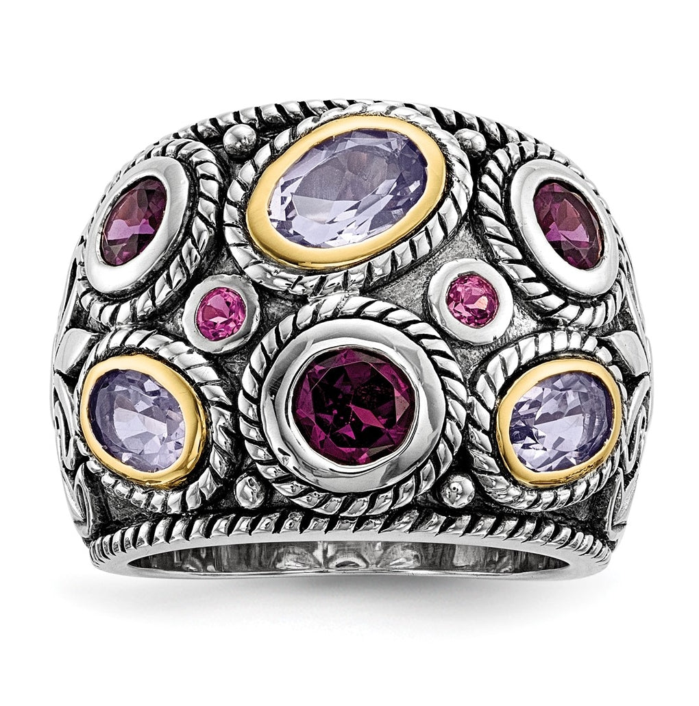 Sterling Silver Rhod w/14K Yellow Gold Pink Quartz Rhodolite Garnet & Pink Tourmaline Ring – Elegant Jewelry Gift for Birthday, Anniversary, Engagement, Wedding
