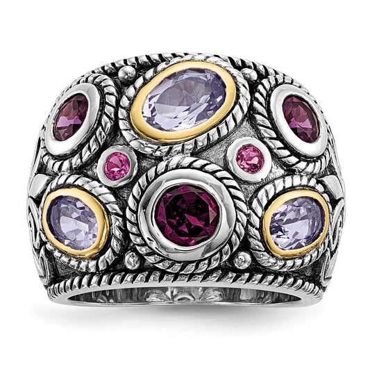 Sterling Silver Rhod w/14K Yellow Gold Pink Quartz Rhodolite Garnet & Pink Tourmaline Ring – Elegant Jewelry Gift for Birthday, Anniversary, Engagement, Wedding