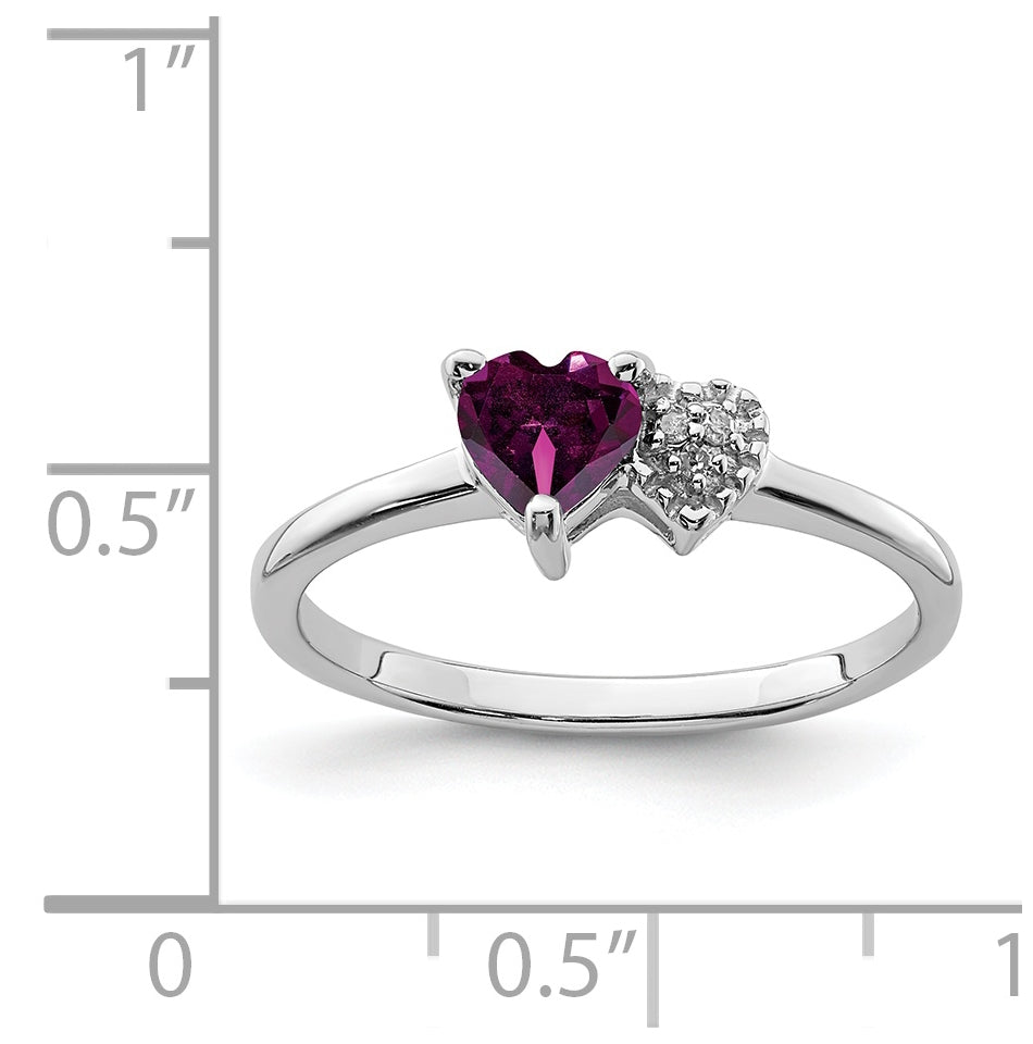 Sterling Silver Rhodium plated Rhodolite Garnet and Diamond Ring, Size 7