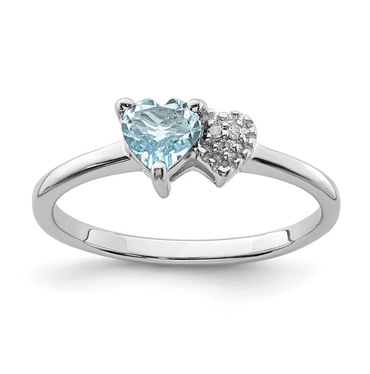 Sterling Silver Rhodium plated Polished Aquamarine and Diamond Ring, Size 8