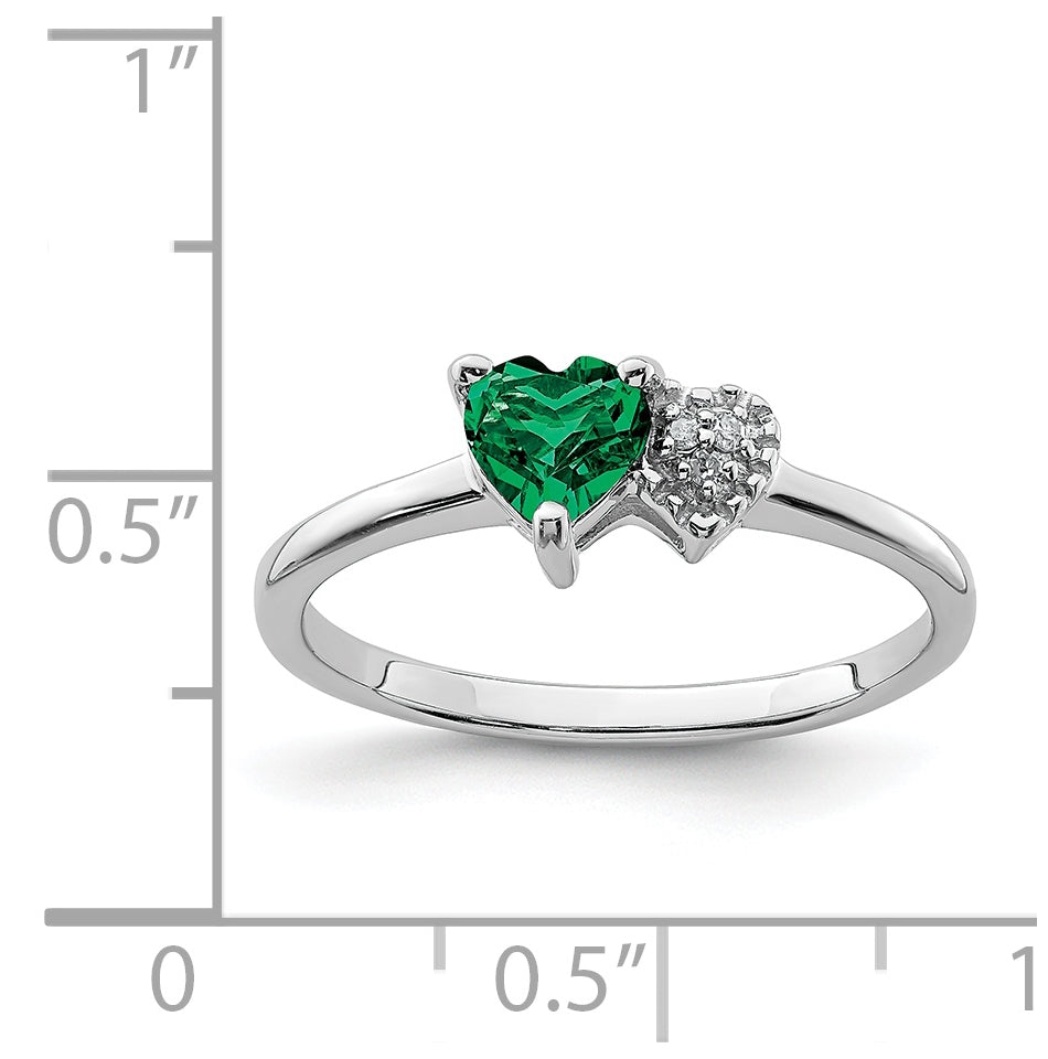 Sterling Silver Rhodium plated Cr Emerald and Diamond Ring, Size 8