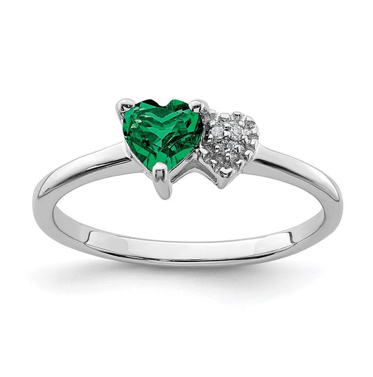 Sterling Silver Rhodium plated Cr Emerald and Diamond Ring, Size 6