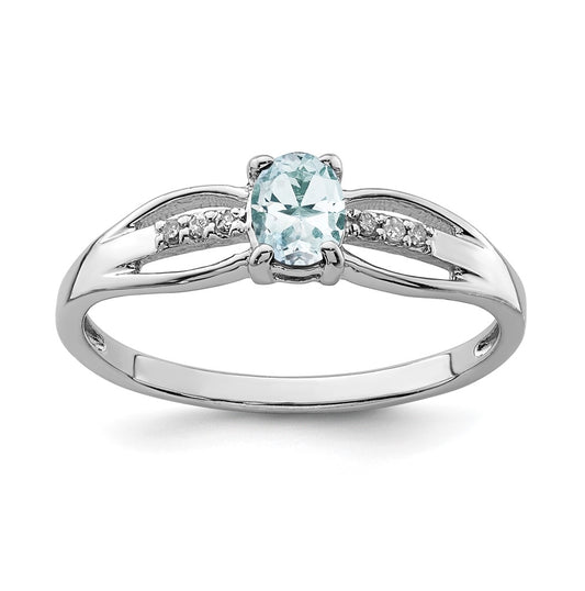 Sterling Silver Rhodium Plated Diamond Aquamarine Ring, Size 8