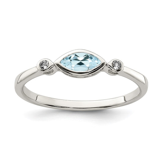 Sterling Silver Rhodium plated Polished Aquamarine/White Topaz Ring, Size 7