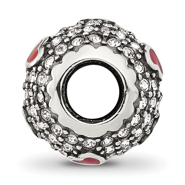 Sterling Silver Reflections Cubic Zirconia and Red Enamel Heart Round Bead