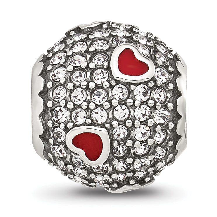 Sterling Silver Reflections Cubic Zirconia and Red Enamel Heart Round Bead
