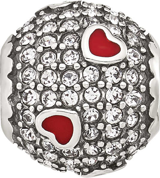 Sterling Silver Reflections Cubic Zirconia and Red Enamel Heart Round Bead