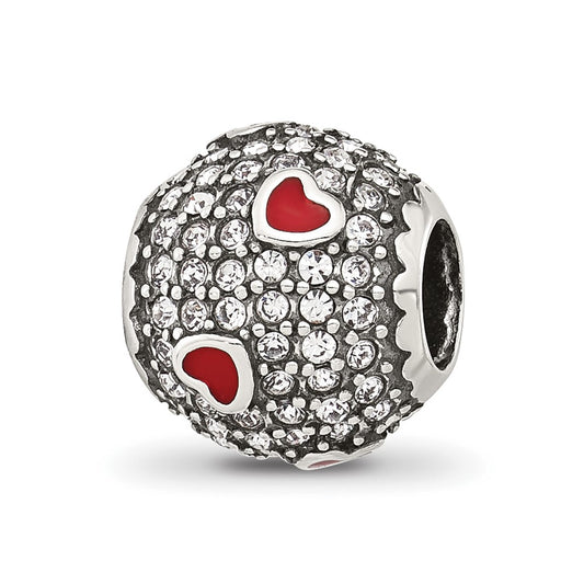 Sterling Silver Reflections Cubic Zirconia and Red Enamel Heart Round Bead