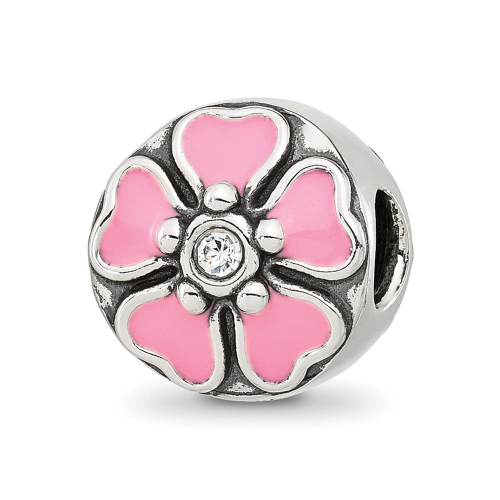 Sterling Silver Reflections Pink Enamel and Cubic Zirconia Flower Bead