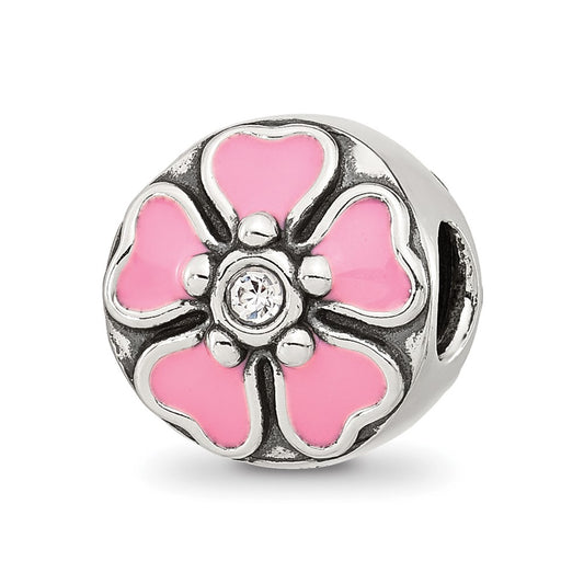 Sterling Silver Reflections Pink Enamel and Cubic Zirconia Flower Bead