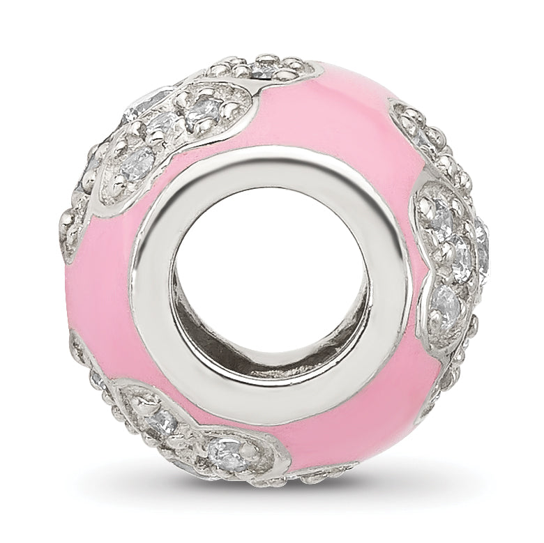 Sterling Silver Reflections Cubic Zirconia Pink Enameled Round Floral Bead