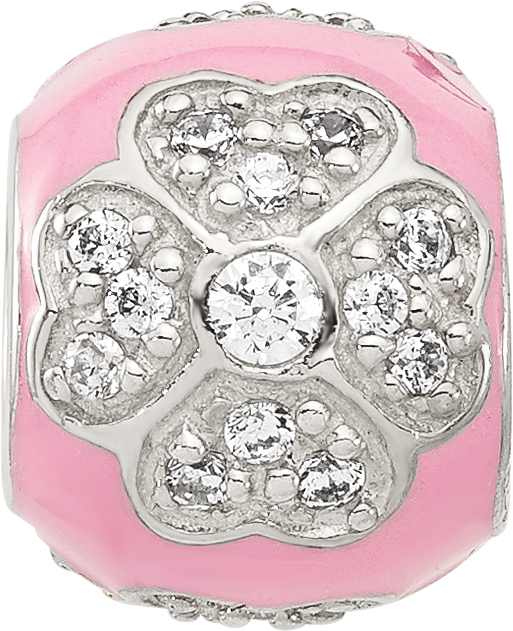 Sterling Silver Reflections Cubic Zirconia Pink Enameled Round Floral Bead