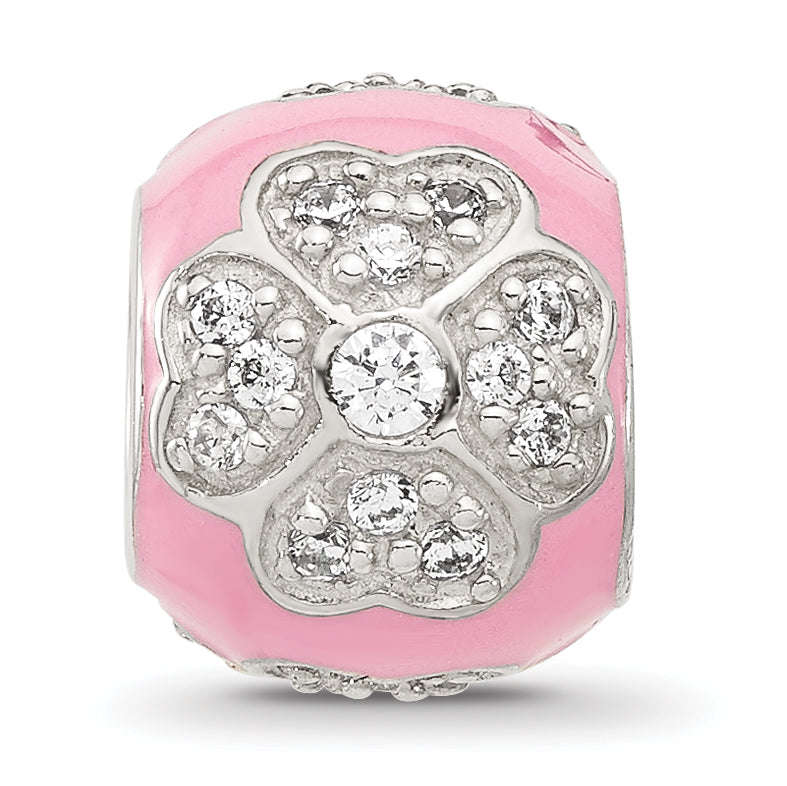 Sterling Silver Reflections Cubic Zirconia Pink Enameled Round Floral Bead