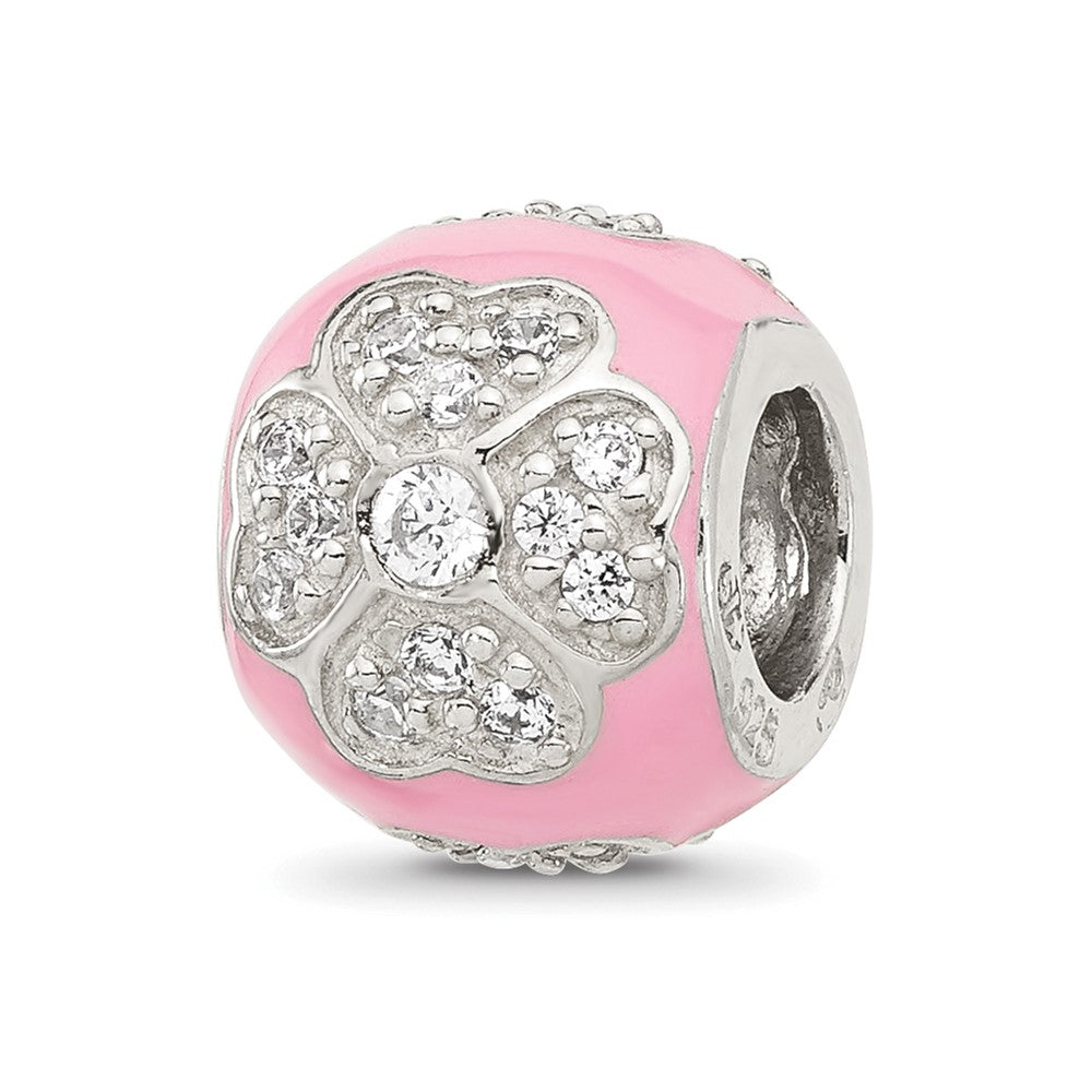 Sterling Silver Reflections Cubic Zirconia Pink Enameled Round Floral Bead