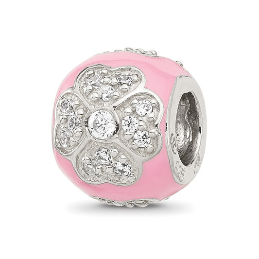 Sterling Silver Reflections Cubic Zirconia Pink Enameled Round Floral Bead
