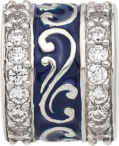 Sterling Silver Reflections Polished Cubic Zirconia Blue Enameled Scroll Bead