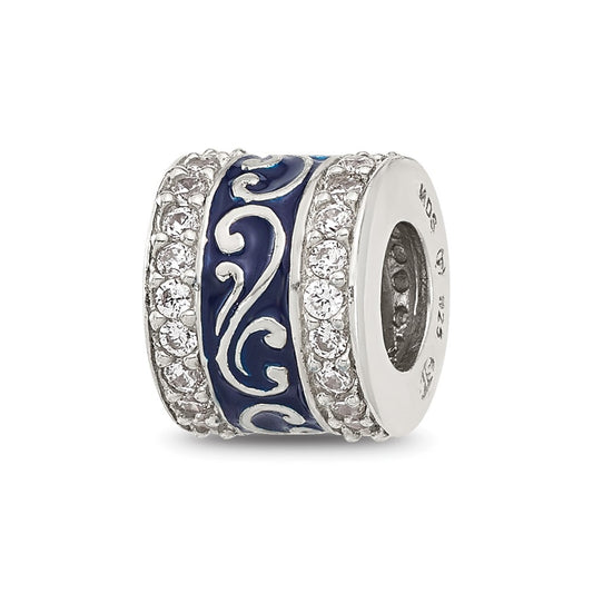 Sterling Silver Reflections Polished Cubic Zirconia Blue Enameled Scroll Bead