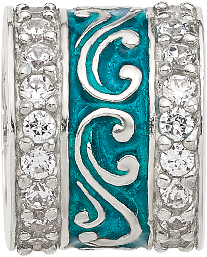 Sterling Silver Reflections Polished Cubic Zirconia Teal Enameled Scroll Bead