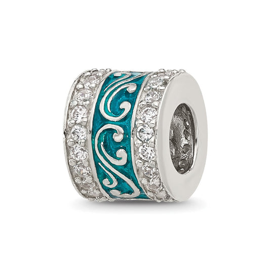 Sterling Silver Reflections Polished Cubic Zirconia Teal Enameled Scroll Bead