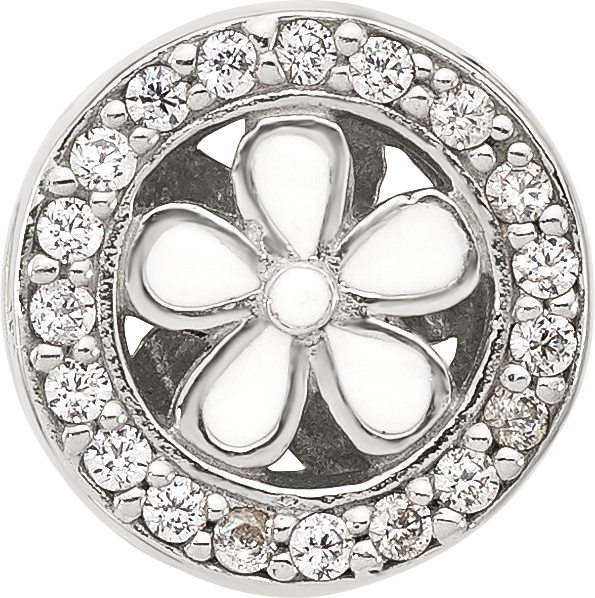 Sterling Silver Reflections Polish Cubic Zirconia and White Enamel Flower Circle Bead