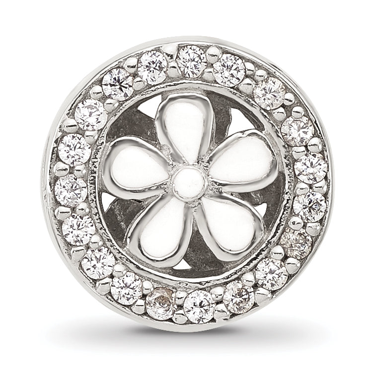 Sterling Silver Reflections Polish Cubic Zirconia and White Enamel Flower Circle Bead
