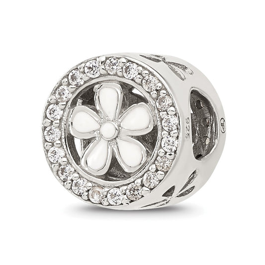 Sterling Silver Reflections Polish Cubic Zirconia and White Enamel Flower Circle Bead