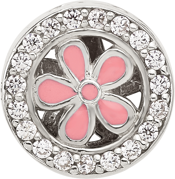 Sterling Silver Reflections Polish Cubic Zirconia and Pink Enamel Flower Circle Bead