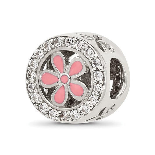 Sterling Silver Reflections Polish Cubic Zirconia and Pink Enamel Flower Circle Bead