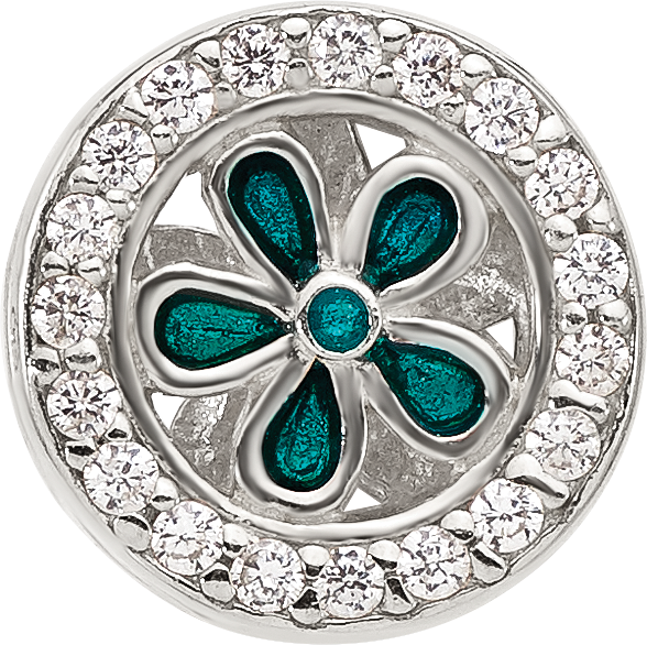Sterling Silver Reflections Polished Cubic Zirconia and Teal Enamel Flower Circle Bead