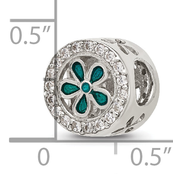 Sterling Silver Reflections Polished Cubic Zirconia and Teal Enamel Flower Circle Bead