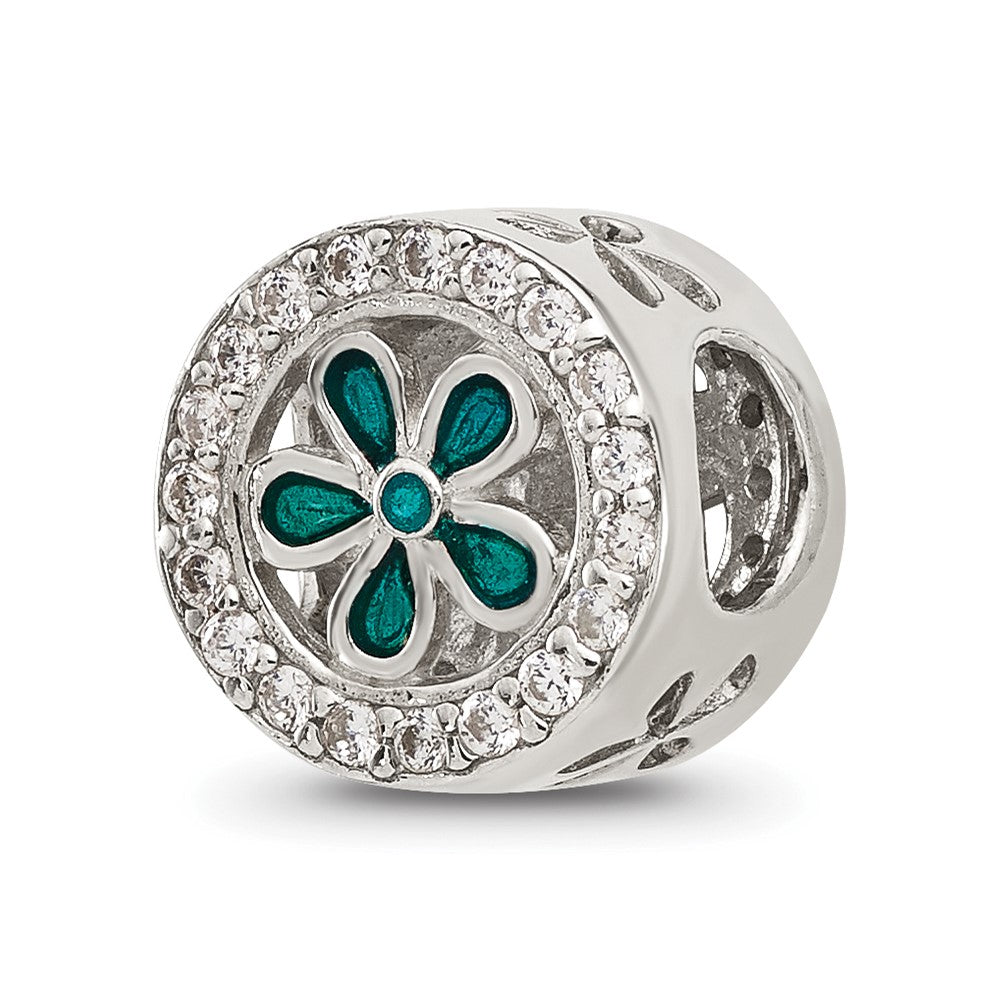 Sterling Silver Reflections Polished Cubic Zirconia and Teal Enamel Flower Circle Bead