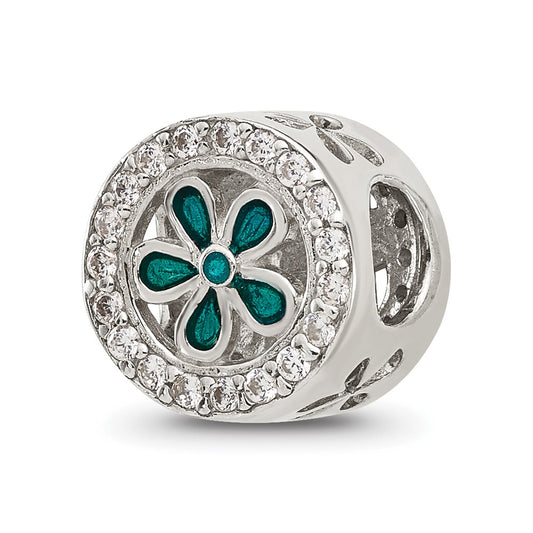 Sterling Silver Reflections Polished Cubic Zirconia and Teal Enamel Flower Circle Bead