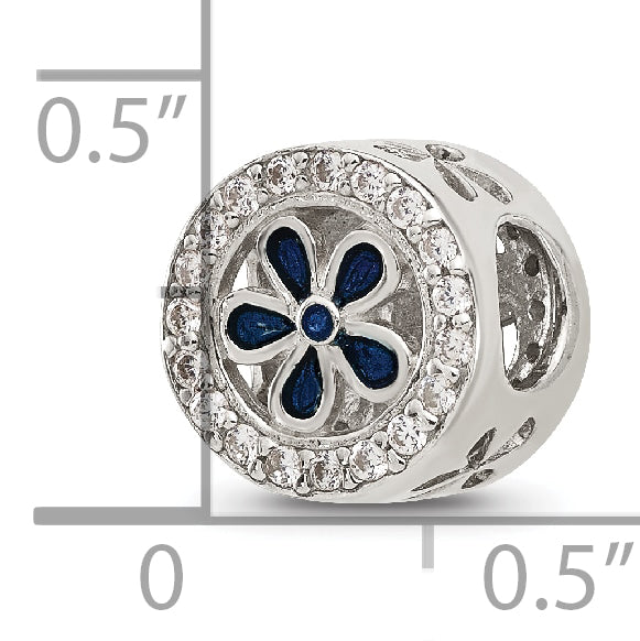 Sterling Silver Reflections Polished Cubic Zirconia and Blue Enamel Flower Circle Bead