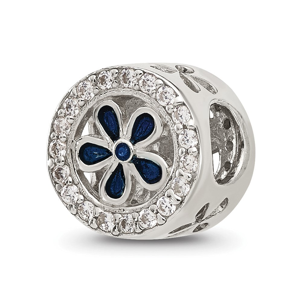 Sterling Silver Reflections Polished Cubic Zirconia and Blue Enamel Flower Circle Bead
