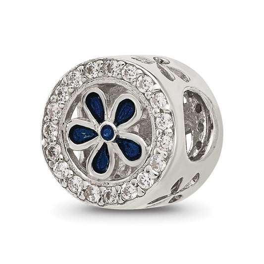 Sterling Silver Reflections Polished Cubic Zirconia and Blue Enamel Flower Circle Bead