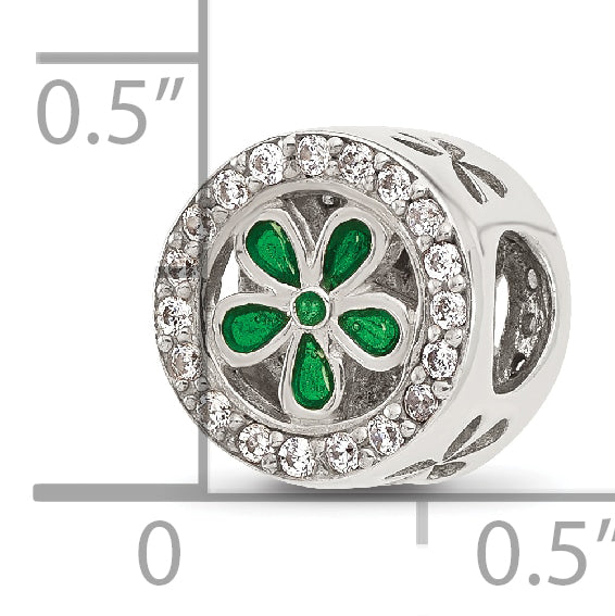 Sterling Silver Reflections Polish Cubic Zirconia and Green Enamel Flower Circle Bead